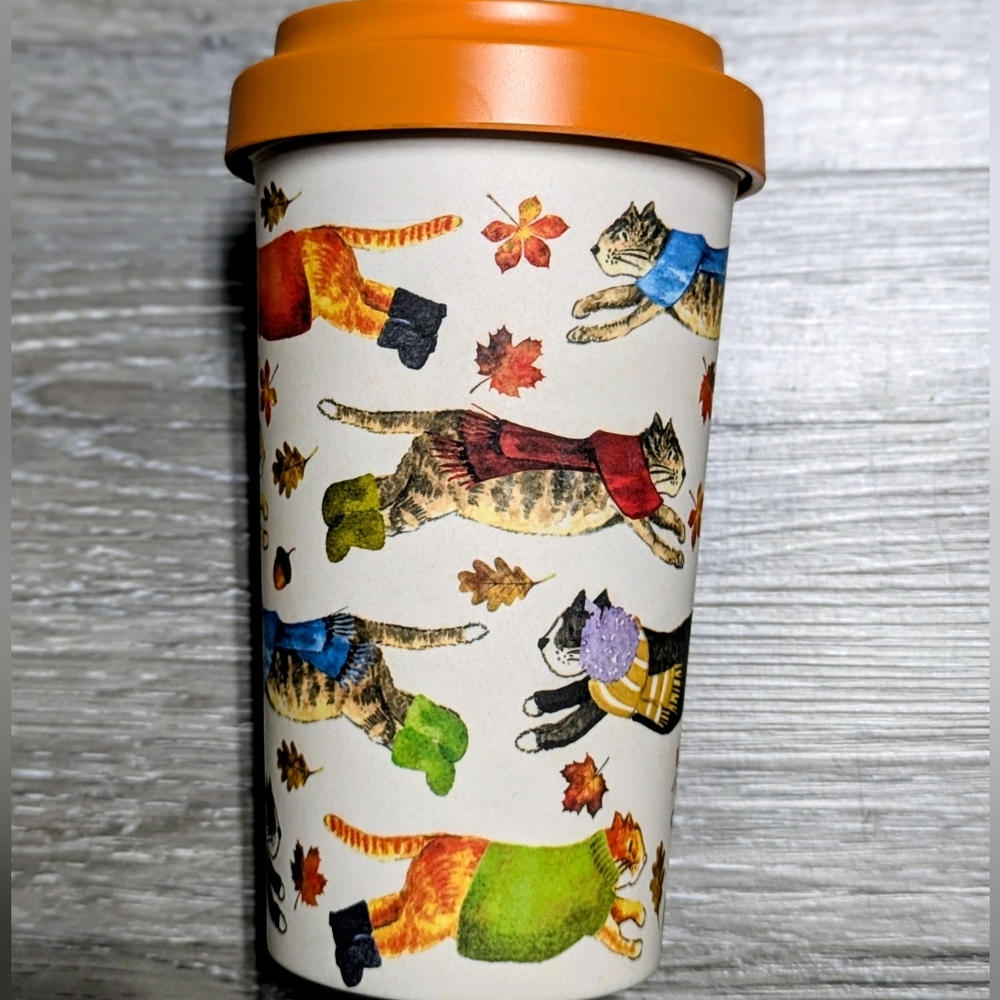 Harvest Green Reusable Mug Bamboo Fiber Cats Autumn Theme
